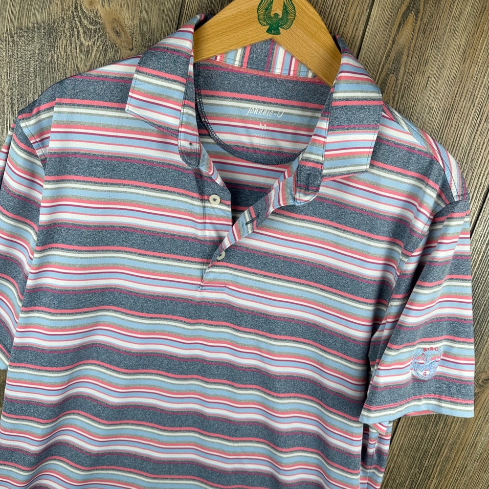 Johnnie-O Mens Gulf Blue Striped Performance Polo Shirt Size M Rolling Rock Club